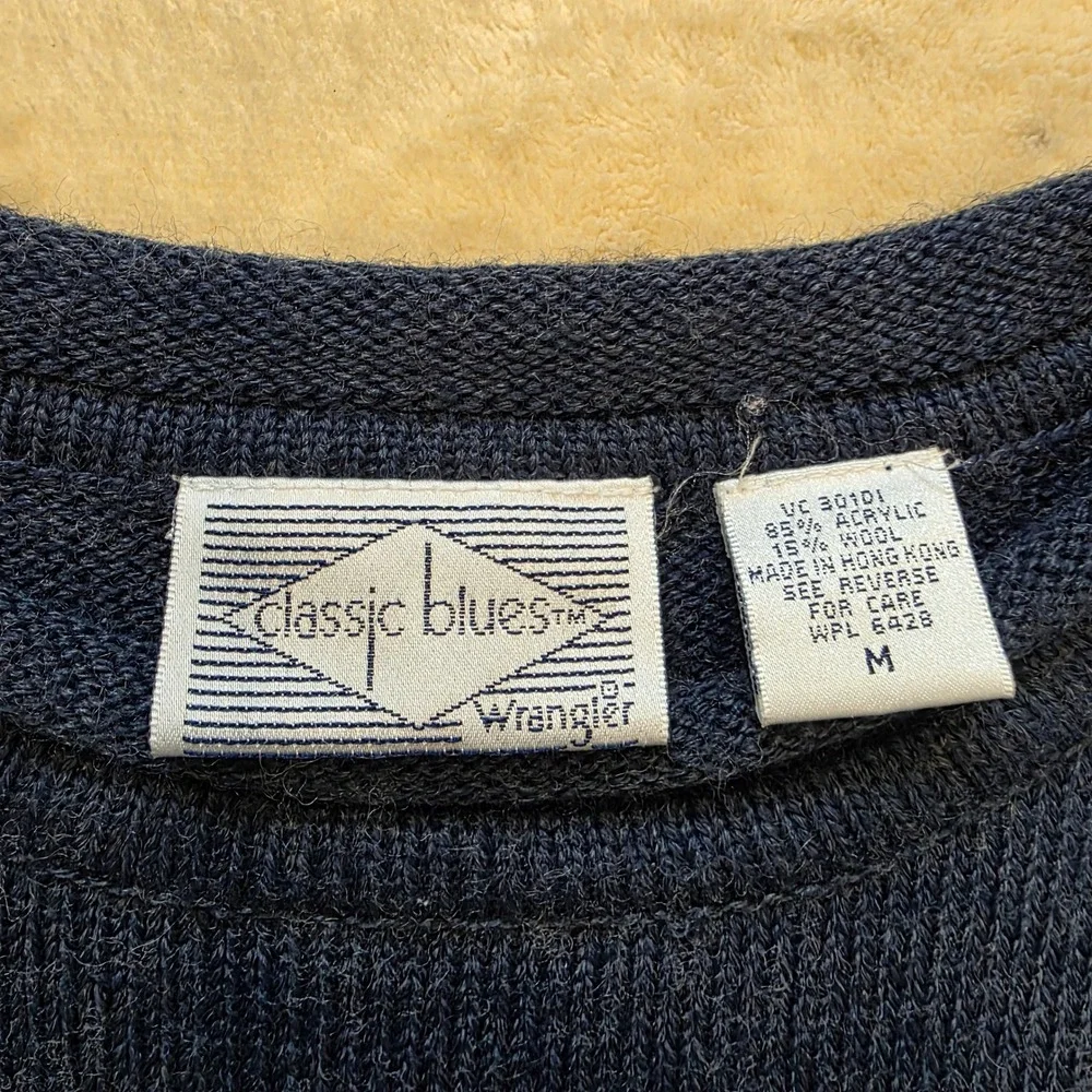 Vintage Wrangler Classic Blues Men's M Sweater Navy Blue Wool Blend Crewneck